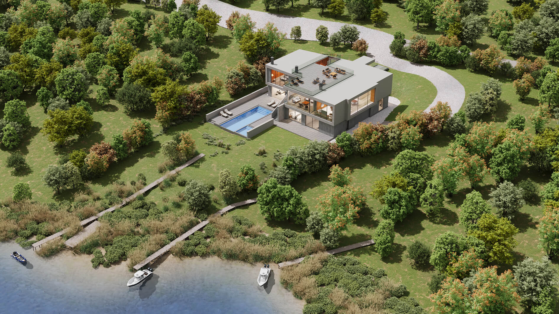 Sag Harbor Waterfront Residence Aerial View Exterior designed by Mark Zeff